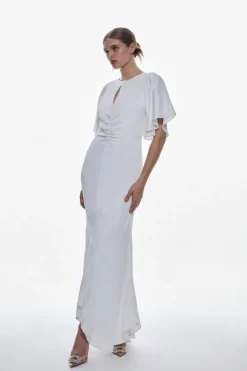 Karen Millen Tall Satin Crepe Woven Angel Sleeve Maxi ivory New