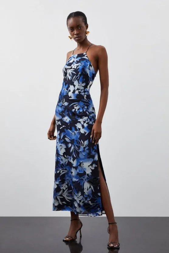 Karen Millen Tall Satin Floral Devore Woven Strappy Maxi Dress navy Fashion