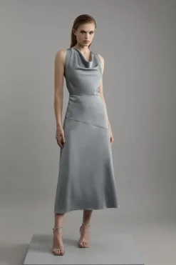 Karen Millen Tall Satin Halter Neck Woven Midi Dress darkgrey Clearance