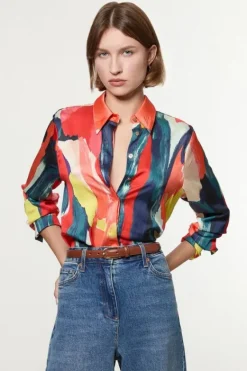 Karen Millen Tall Satin Printed Woven Shirt multi Clearance