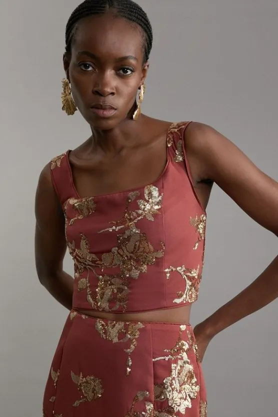 Karen Millen Tall Satin Sequin And Embroidery Woven Square Neck Top rust New