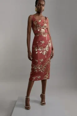 Karen Millen Tall Satin Sequin And Embroidery Woven Pencil Skirt rust Sale