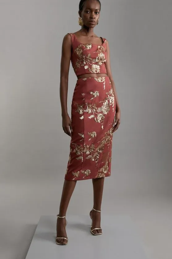 Karen Millen Tall Satin Sequin And Embroidery Woven Pencil Skirt rust Sale