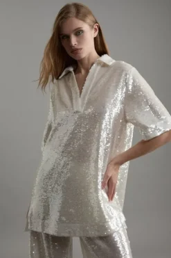 Karen Millen Tall Sequin Collard Woven Tunic Co-Ord silver Hot