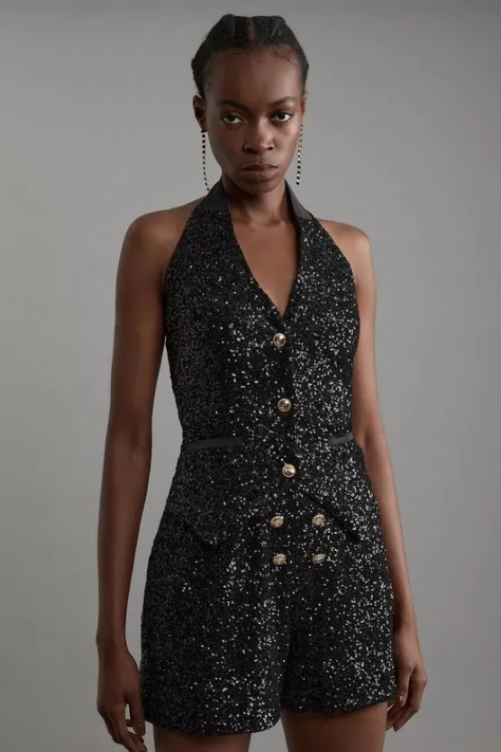 Karen Millen Tall Sequin Halter Neck Vest black Best
