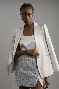 Karen Millen Tall Sequin Metallic Boucle Belted Tailored Mini Skirt silver Discount