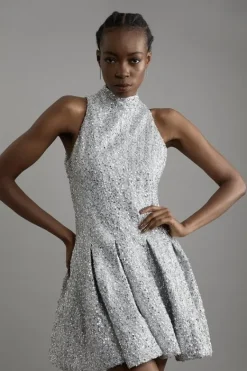 Karen Millen Tall Sequin Metallic Boucle Halter Full Skirt Tailored Mini Dress silver Hot