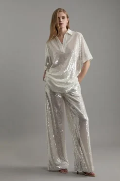 Karen Millen Tall Sequin Woven Wide Leg Pants silver Discount