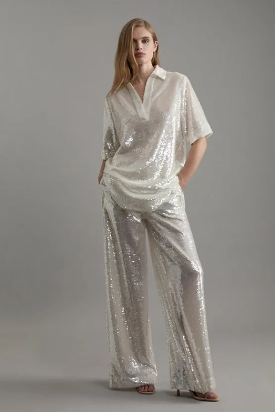 Karen Millen Tall Sequin Woven Wide Leg Pants silver Discount