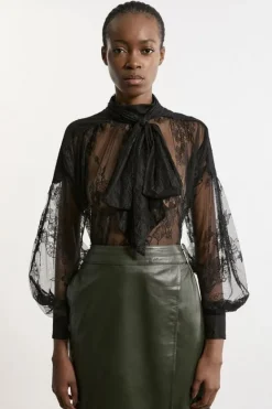 Karen Millen Tall Sheer Lace Balloon Sleeve Bow Detail Blouse black Hot