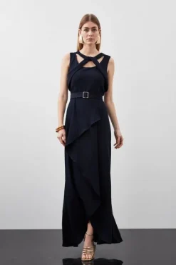 Karen Millen Tall Soft Tailored Tie Neck Detail Waterfall Maxi Length navy Fashion