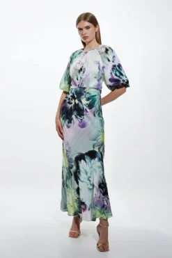 Karen Millen Tall Spring Floral Printed Hammered Satin Woven Midi Dress blue Clearance