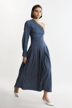 Karen Millen Tall d Twill Pleated Woven Maxi Skirt stripe Clearance