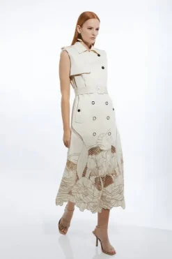 Karen Millen Tall Tailored Cotton Cutwork Embroidered Belted Trench Style Midaxi Dress ivory Clearance