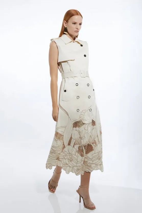 Karen Millen Tall Tailored Cotton Cutwork Embroidered Belted Trench Style Midaxi Dress ivory Clearance