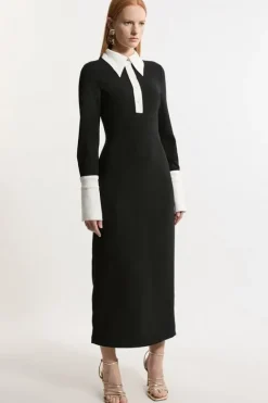 Karen Millen Tall Tailored Crepe Contrast Collar Midaxi Dress black Discount