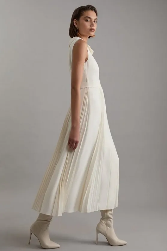 Karen Millen Tall Tailored Crepe Pleated Buckle Detail Sleeveless Midaxi Dress ivory Sale