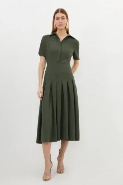 Karen Millen Tall Tailored Crepe Short Sleeve Pleated Midi Dress khaki Best