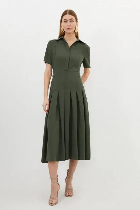 Karen Millen Tall Tailored Crepe Short Sleeve Pleated Midi Dress khaki Best