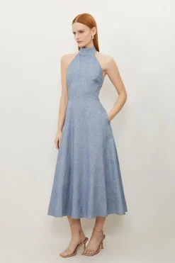 Karen Millen Tall Tailored Denim Linen Strappy Full Skirted Midi Dress blue Fashion