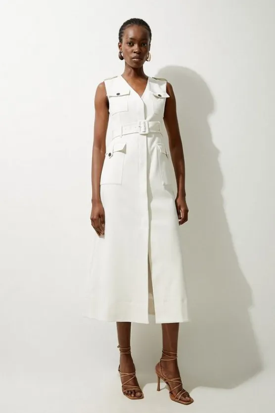 Karen Millen Tall Tailored Safari Belted Midi Dress ivory Clearance
