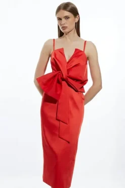Karen Millen Tall Tailo Satin Bow Detail Midi Dress red Sale