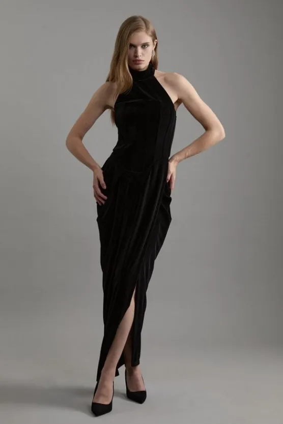 Karen Millen Tall Tailored Velvet Halter Neck Maxi Dress black Fashion