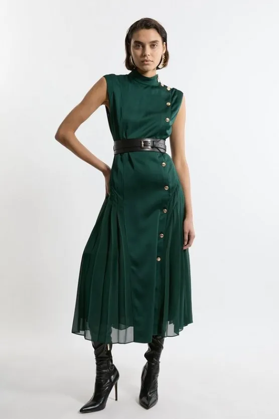 Karen Millen Tall Top Stitch Satin Georgette Strong Shoulder Midi Dress forest New