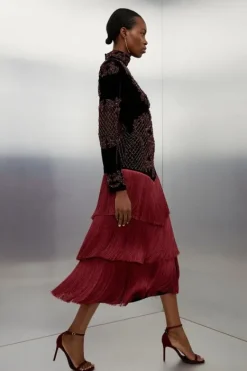 Karen Millen Tall Velvet Baroque Fringe Woven Maxi Dress red Discount