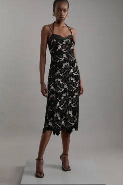 Karen Millen Tall Velvet Cutwork Lace Detail Strappy Midi Dress black New