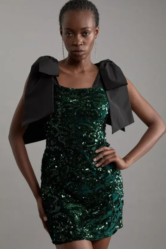 Karen Millen Tall Velvet Sequin Woven Mini Dress With Taffeta Tie Detail green Fashion