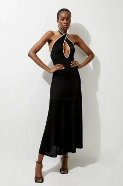 Karen Millen Tall Viscose Blend Slinky Knit Jacquard Maxi Column Dress black Discount