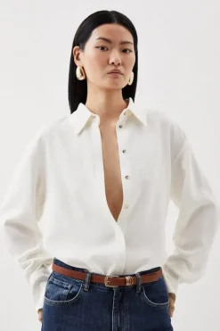 Karen Millen Tall Viscose Crepe Long Sleeve Collared Shirt ivory Hot