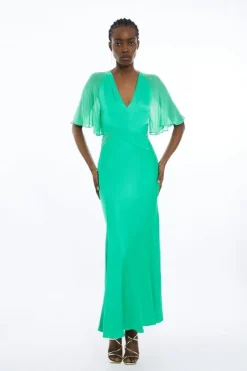 Karen Millen Tall Viscose Georgette Angel Sleeve Woven Maxi Dress green Clearance