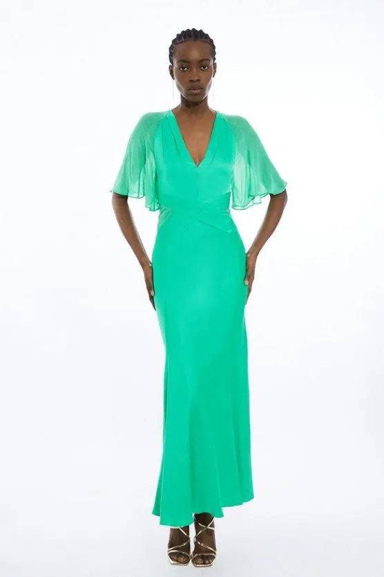 Karen Millen Tall Viscose Georgette Angel Sleeve Woven Maxi Dress green Clearance