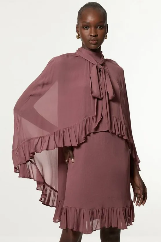 Karen Millen Tall Viscose Georgette Cape Woven Mini Dress dustyrose Hot
