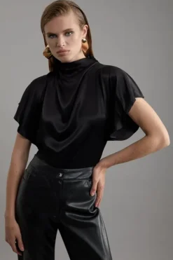 Karen Millen Tall Viscose Satin High Neck Woven Blouse black Discount