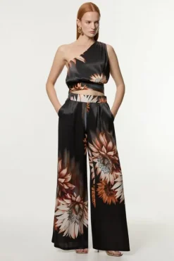 Karen Millen Tall Viscose Satin Printed Wide Leg Woven Pants floral Sale