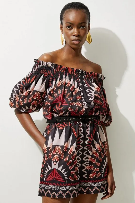Karen Millen Tall Voile Mirrored Batik Off The Shoulder Woven Romper black Outlet