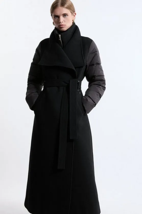 Karen Millen Tall Wool Blend Hybrid Puffer Belted Midi Coat black New