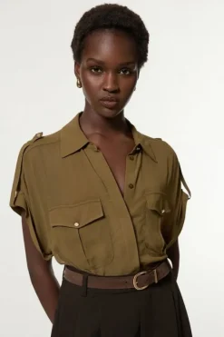 Karen Millen Tall Woven Viscose Short Sleeved Shirt khaki Hot