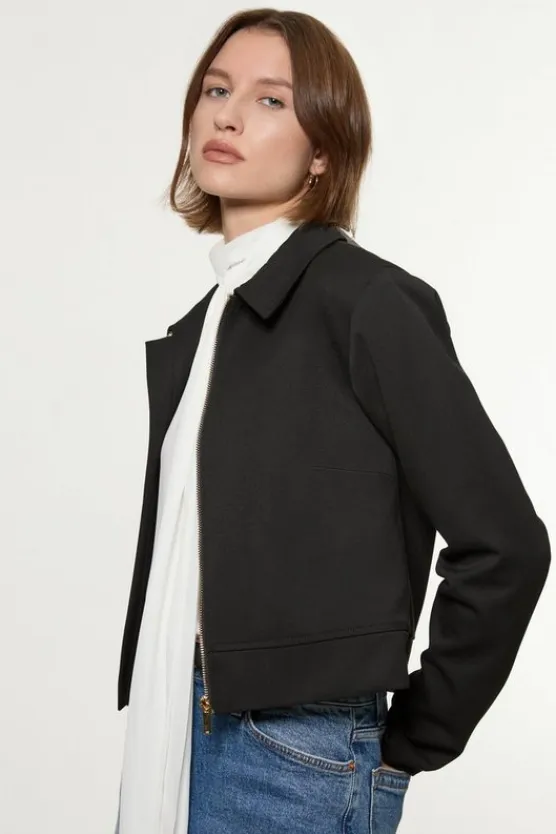 Karen Millen Technical Crepe Tailored Metal Zip Detail Jacket black Outlet