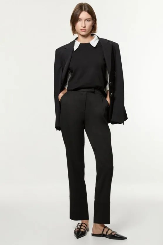 Karen Millen Technical Crepe Tailored Straight Turn Up Hem Pants black Outlet
