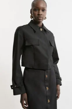 Karen Millen Techno Cotton Gold Clasp Detail Cropped Woven Jacket black Clearance