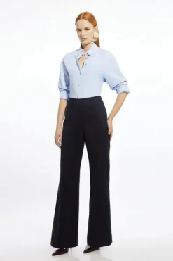 Karen Millen Techno Cotton Pintuck Woven Wide Leg Pants navy Fashion