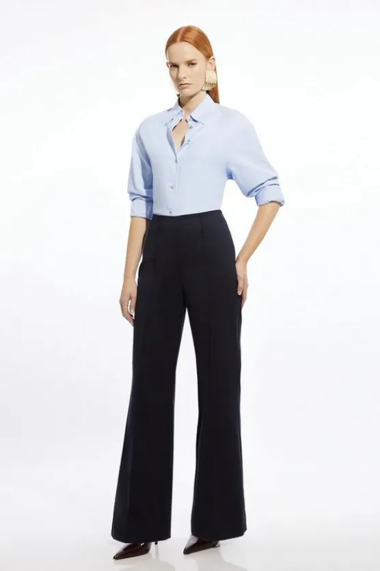 Karen Millen Techno Cotton Pintuck Woven Wide Leg Pants navy Fashion