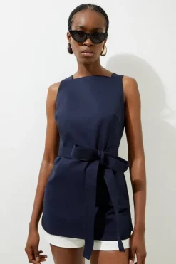 Karen Millen Techno Cotton Square Neck Woven Tunic navy Discount
