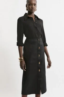 Karen Millen Techno Cotton Woven Hardwear Detail Midi Skirt black Sale