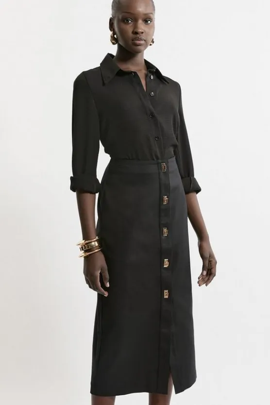 Karen Millen Techno Cotton Woven Hardwear Detail Midi Skirt black Sale