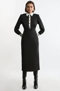 Karen Millen Techno Cotton Woven Maxi Shirt Dress With Gold Clasps mono Sale